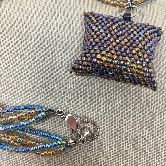 Handmade Iridescent Square Seed Bead Pouch Multi-Strand Matte Hematite Necklace - Picture 9 of 16